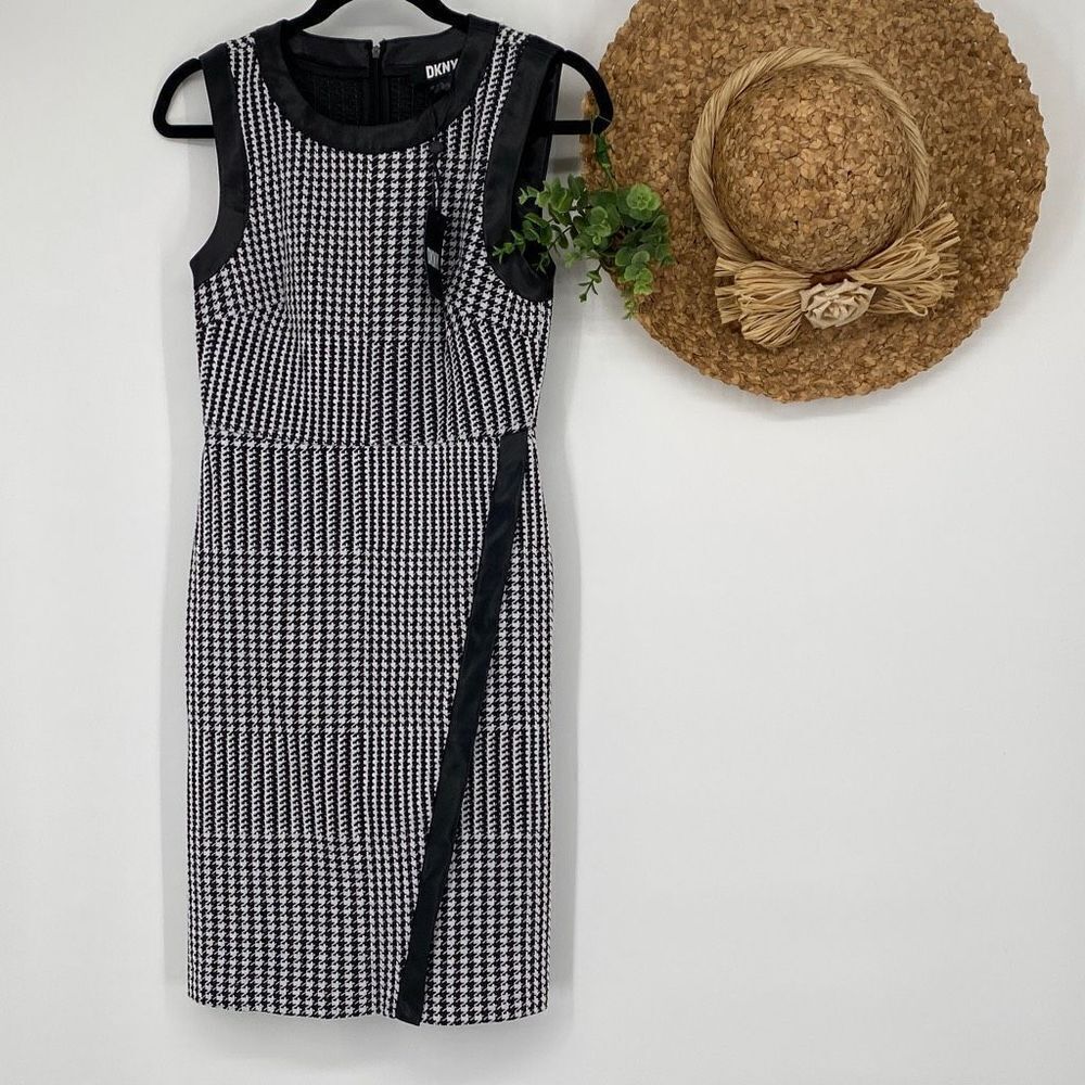 DKNY Faux Leather Wrap Houndstooth Sleeveless Dress Sheath MIDI Black White‎ 2